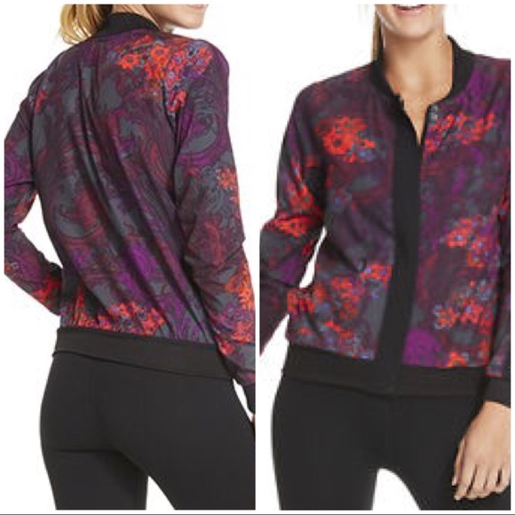 Fabletics Ithaca Romantic Print Jacket Medium purple red black bomber - Picture 8 of 8
